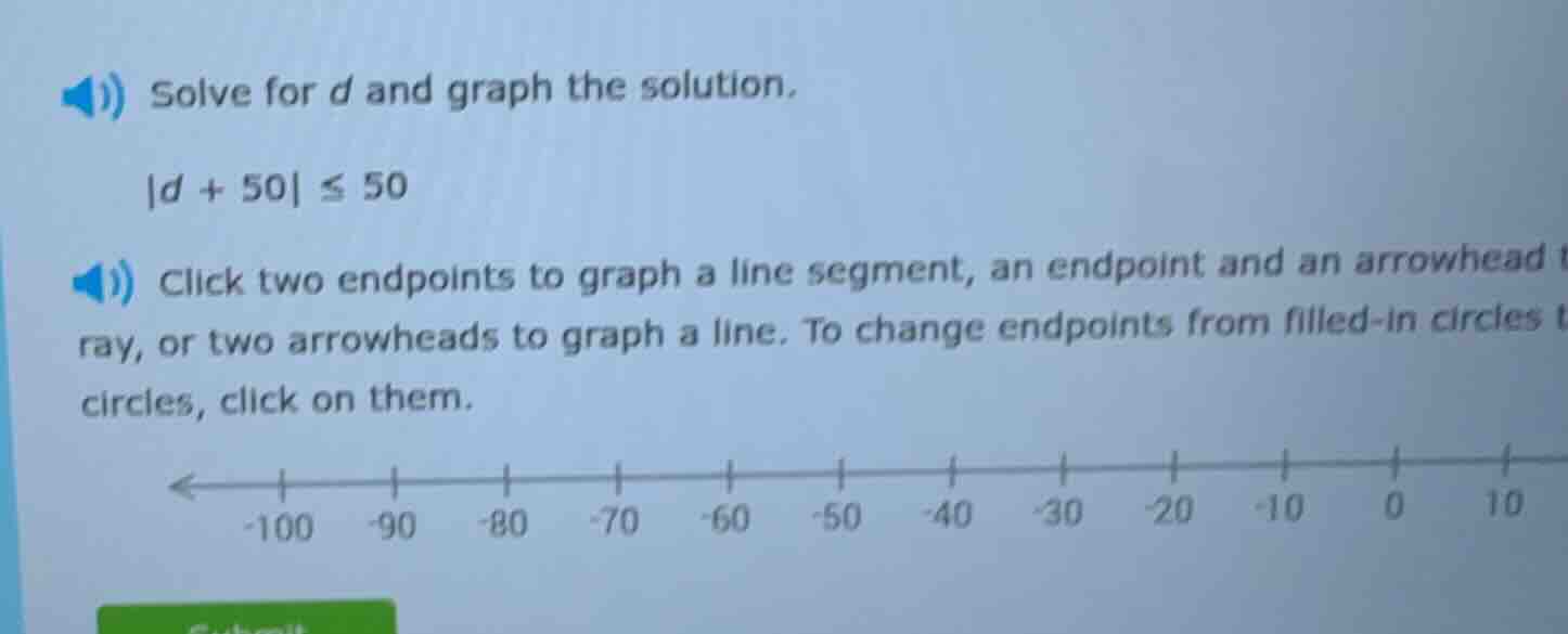 solve for d and graph the solution.\\(|d + 50| \\leq 50\\)\\(\\)click t…