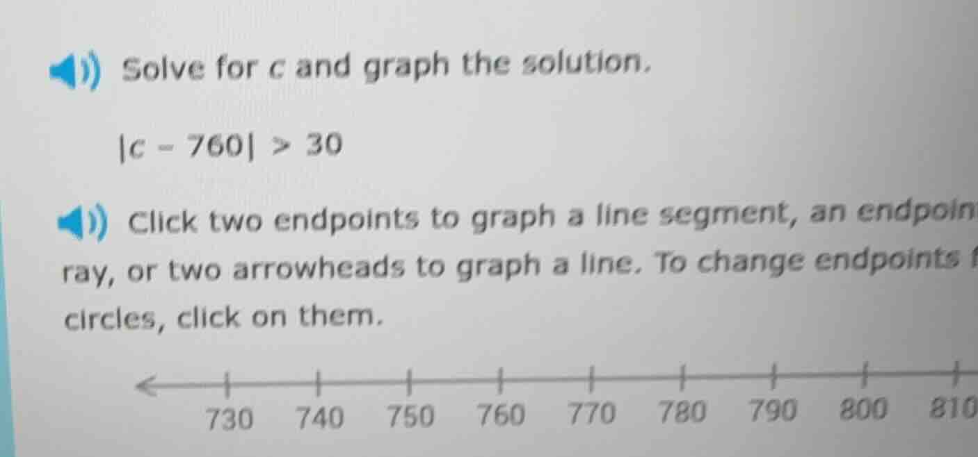 solve for c and graph the solution. |c - 760| > 30 click two endpoints …