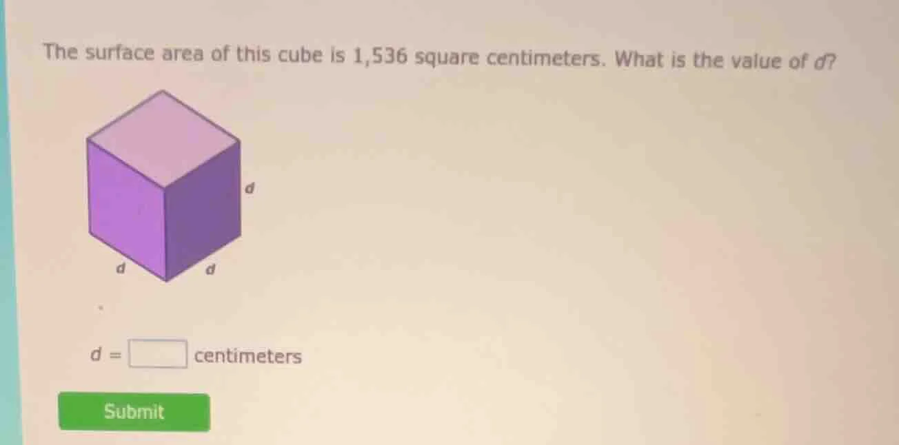 the surface area of this cube is 1,536 square centimeters. what is the …