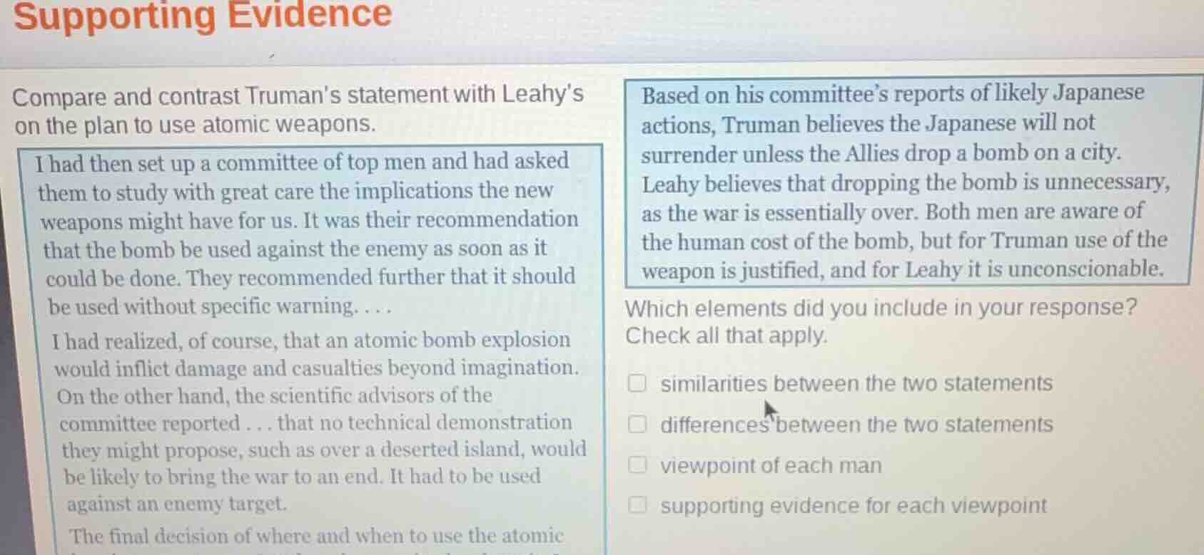 supporting evidence compare and contrast trumans statement with leahys …