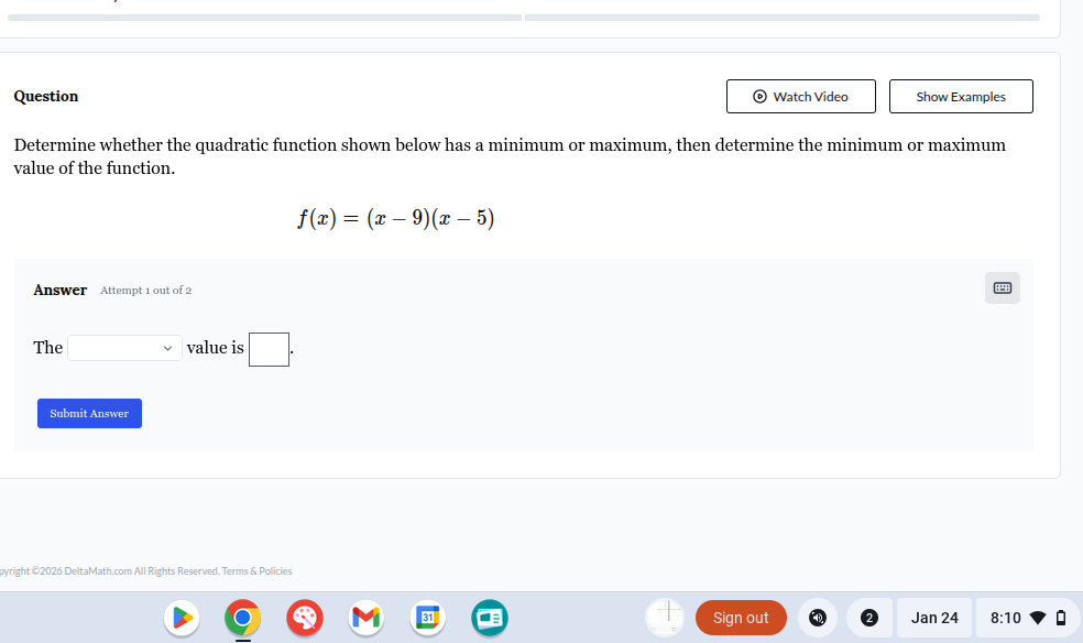 question determine whether the quadratic function shown below has a min…