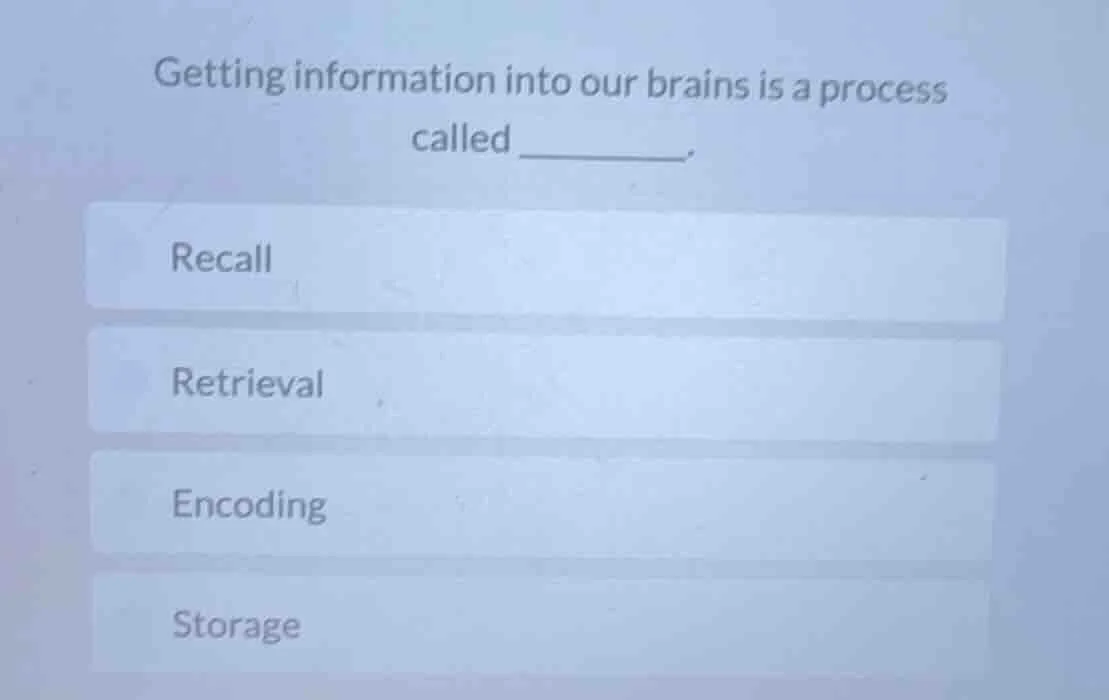 getting information into our brains is a process called ______. recall …