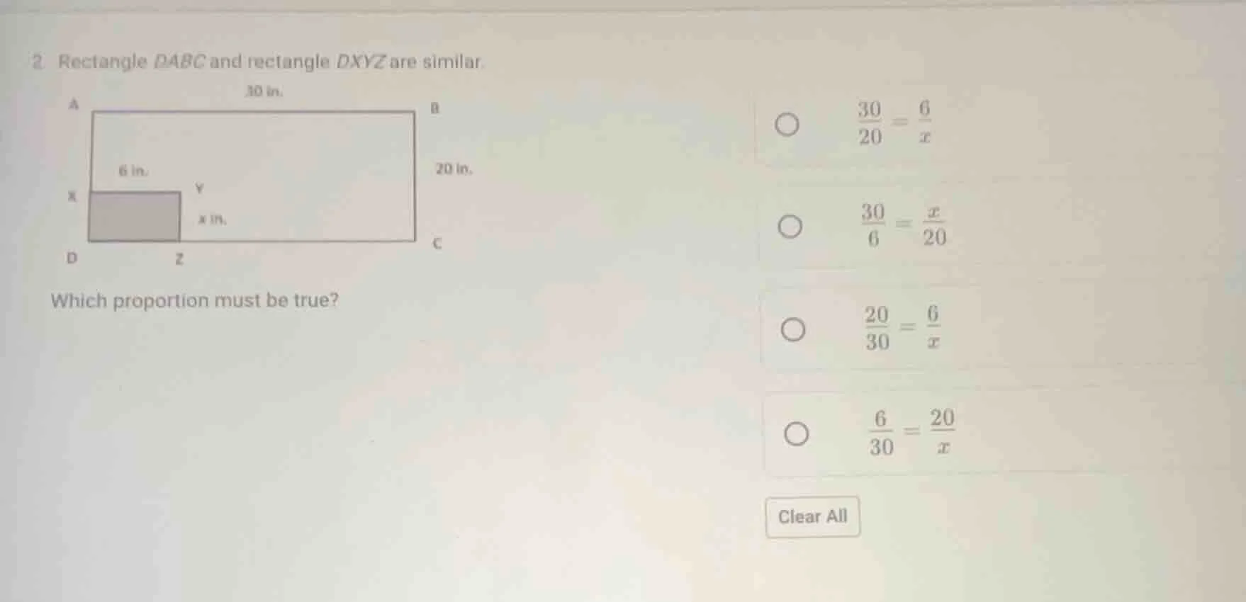 2 rectangle dabc and rectangle dxyz are similar. which proportion must …