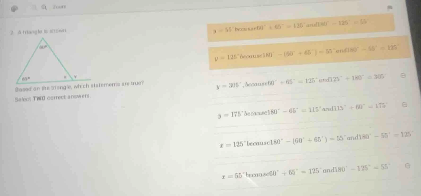 2 a triangle is shown based on the triangle, which statements are true?…