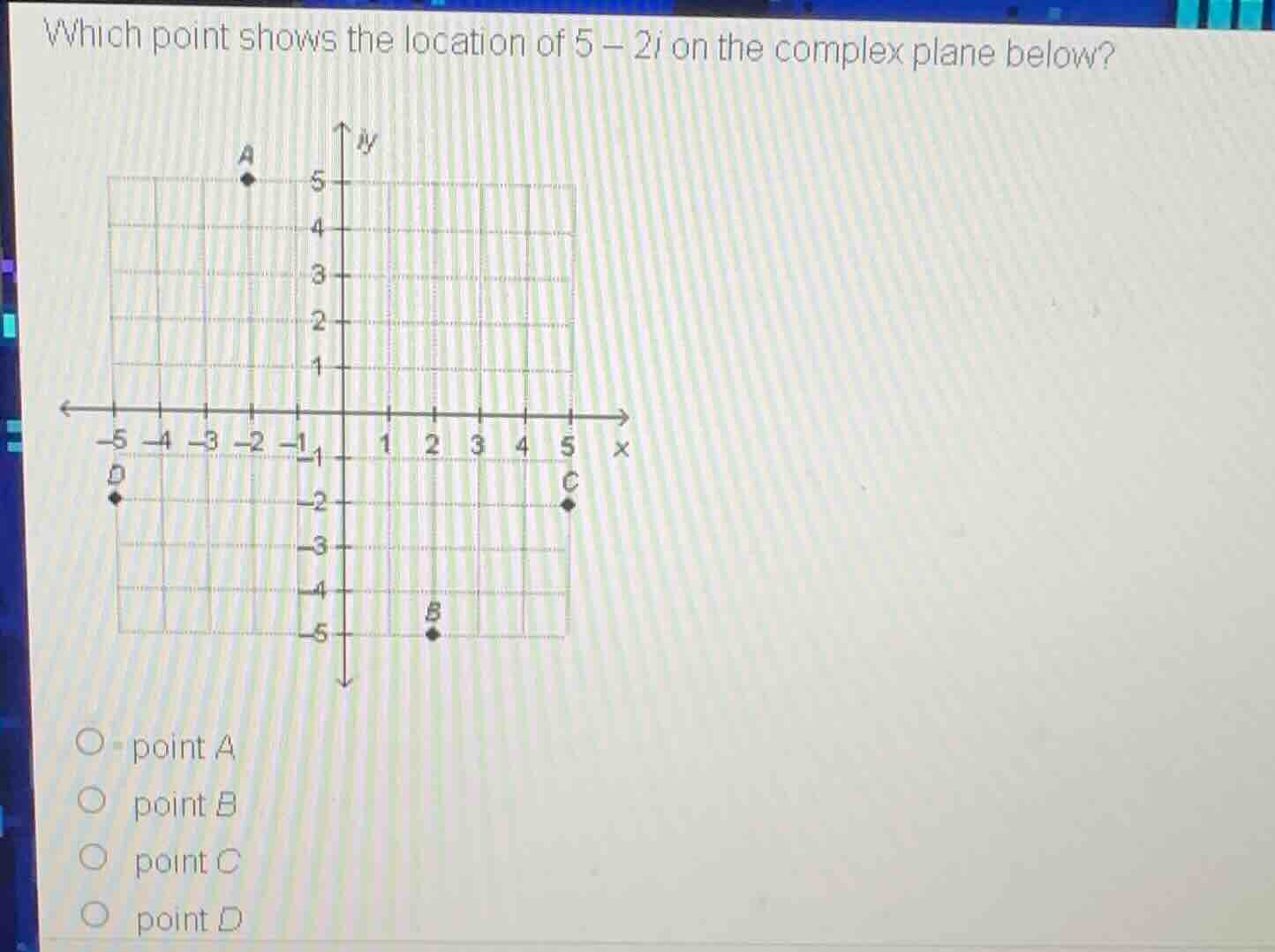 which point shows the location of $5 - 2i$ on the complex plane below?\…