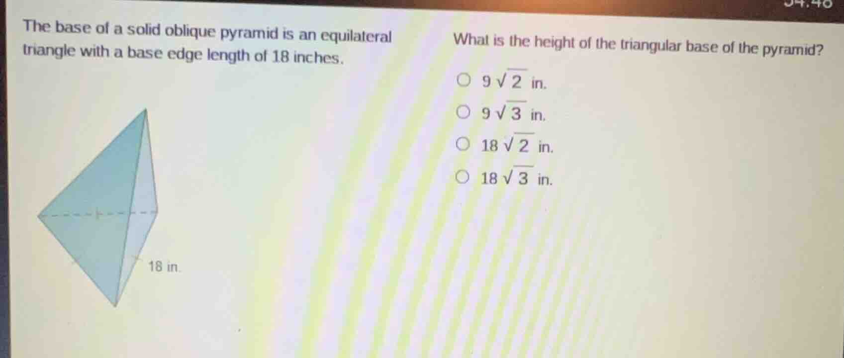the base of a solid oblique pyramid is an equilateral triangle with a b…