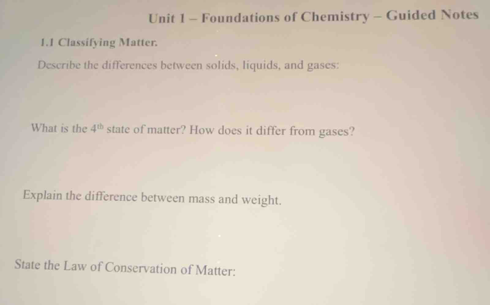 unit 1 – foundations of chemistry – guided notes 1.1 classifying matter…