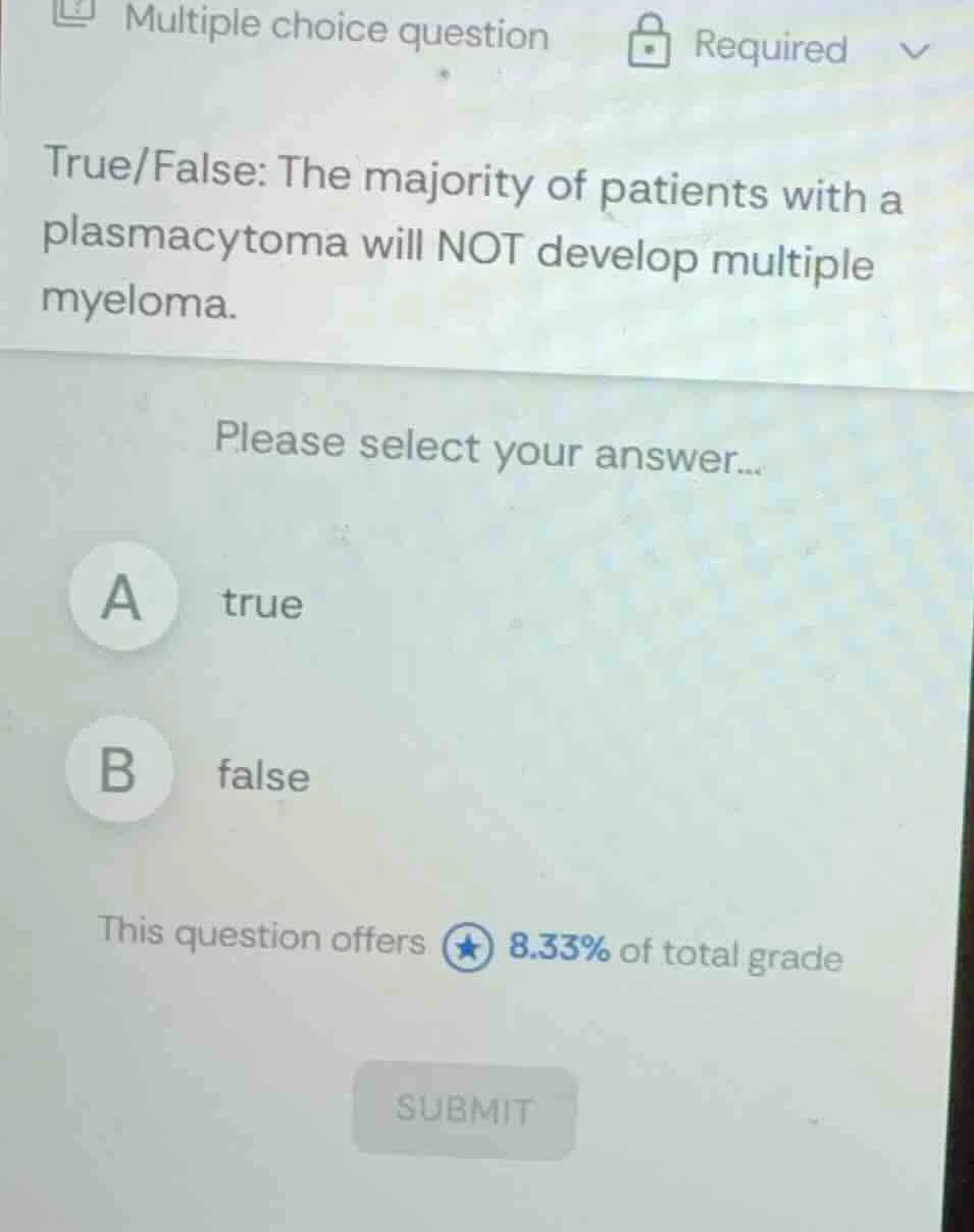 true/false: the majority of patients with a plasmacytoma will not devel…