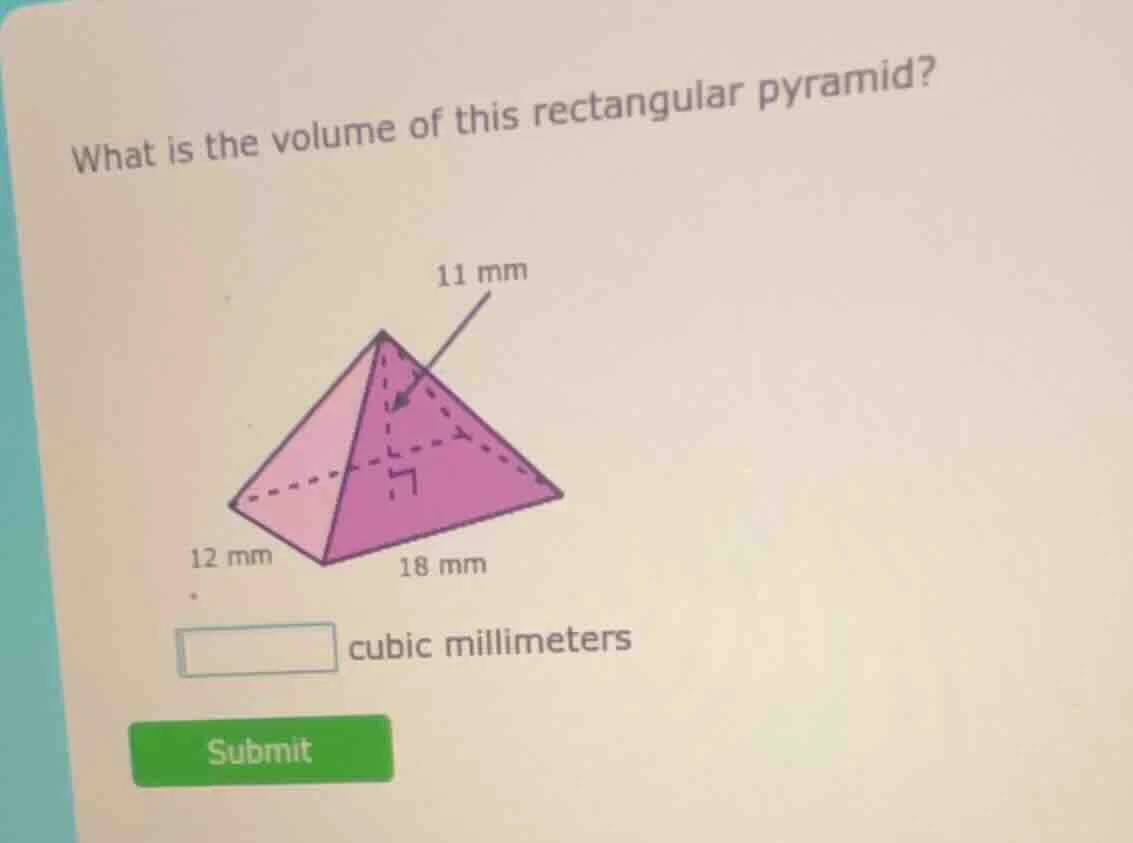 what is the volume of this rectangular pyramid? 11 mm 12 mm 18 mm cubic…