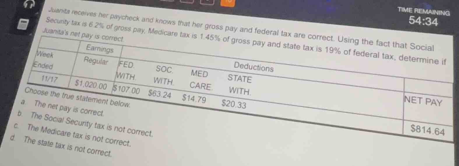 juanita receives her paycheck and knows that her gross pay and federal …