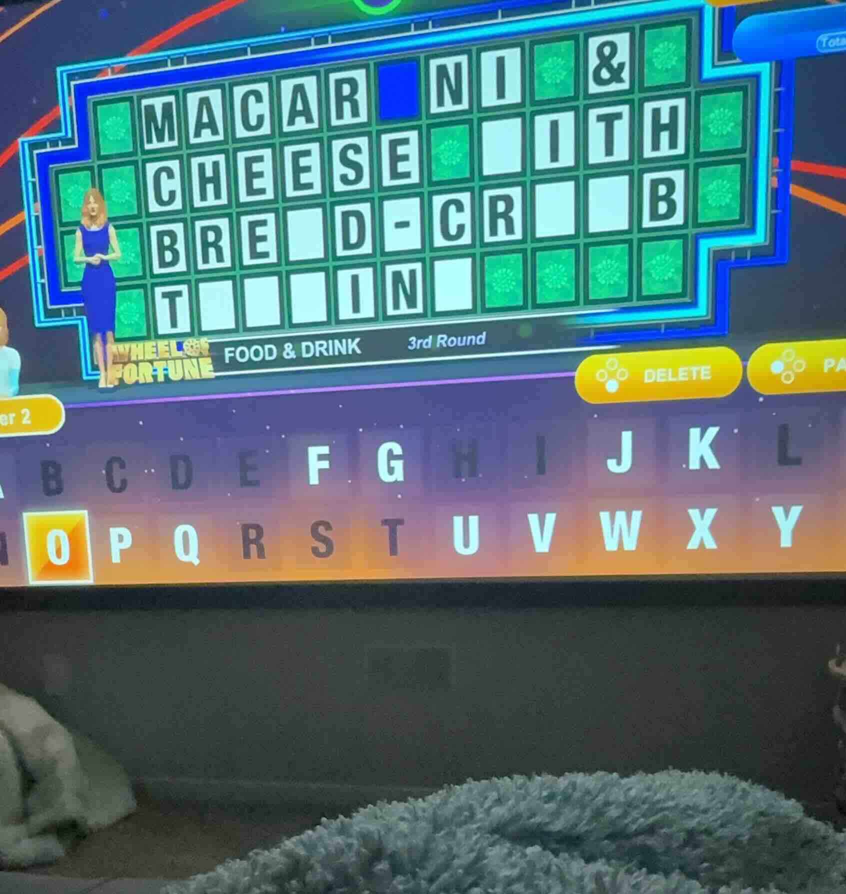 wheel of fortune, food & drink, 3rd round, letters a - y (o is highligh…
