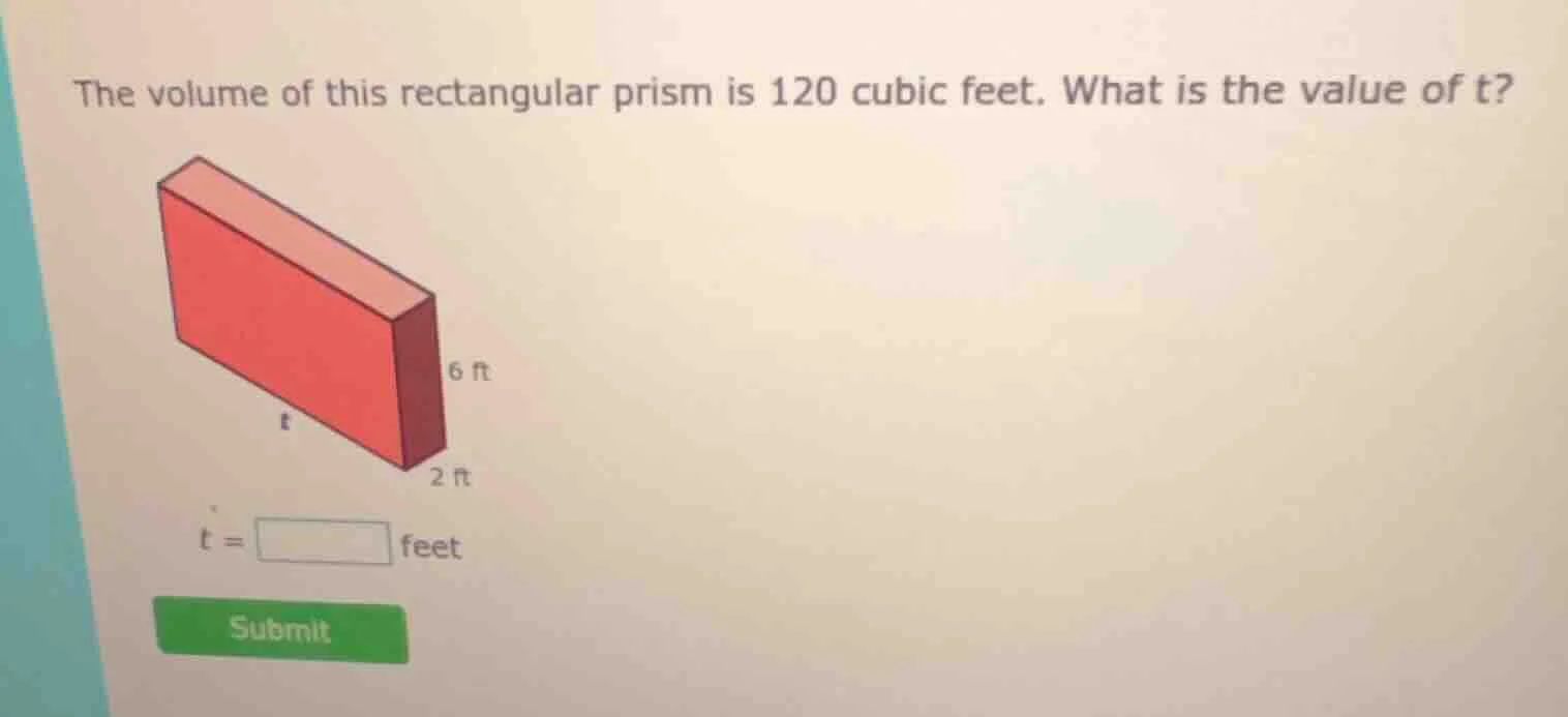 the volume of this rectangular prism is 120 cubic feet. what is the val…