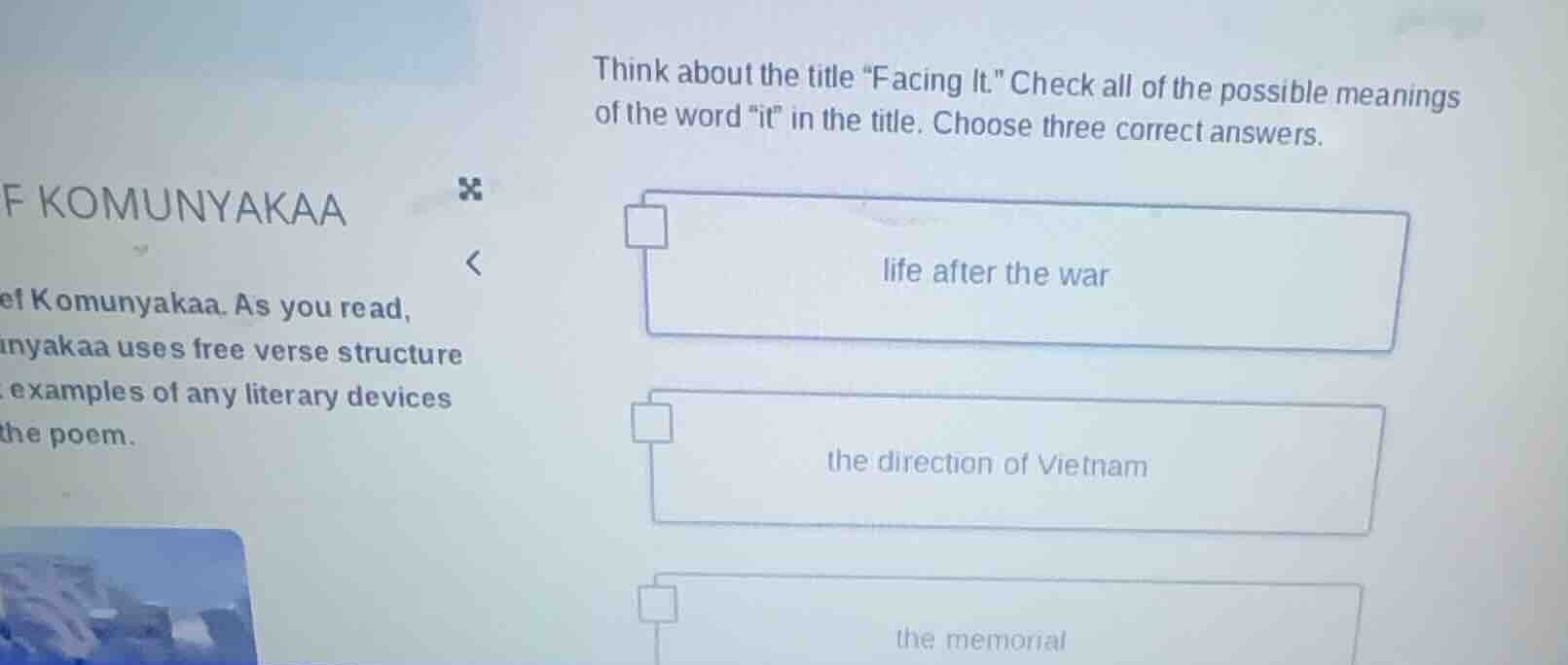 think about the title \facing it.\ check all of the possible meanings o…