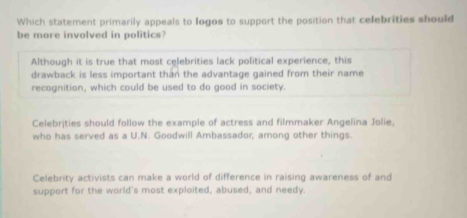 which statement primarily appeals to logos to support the position that…