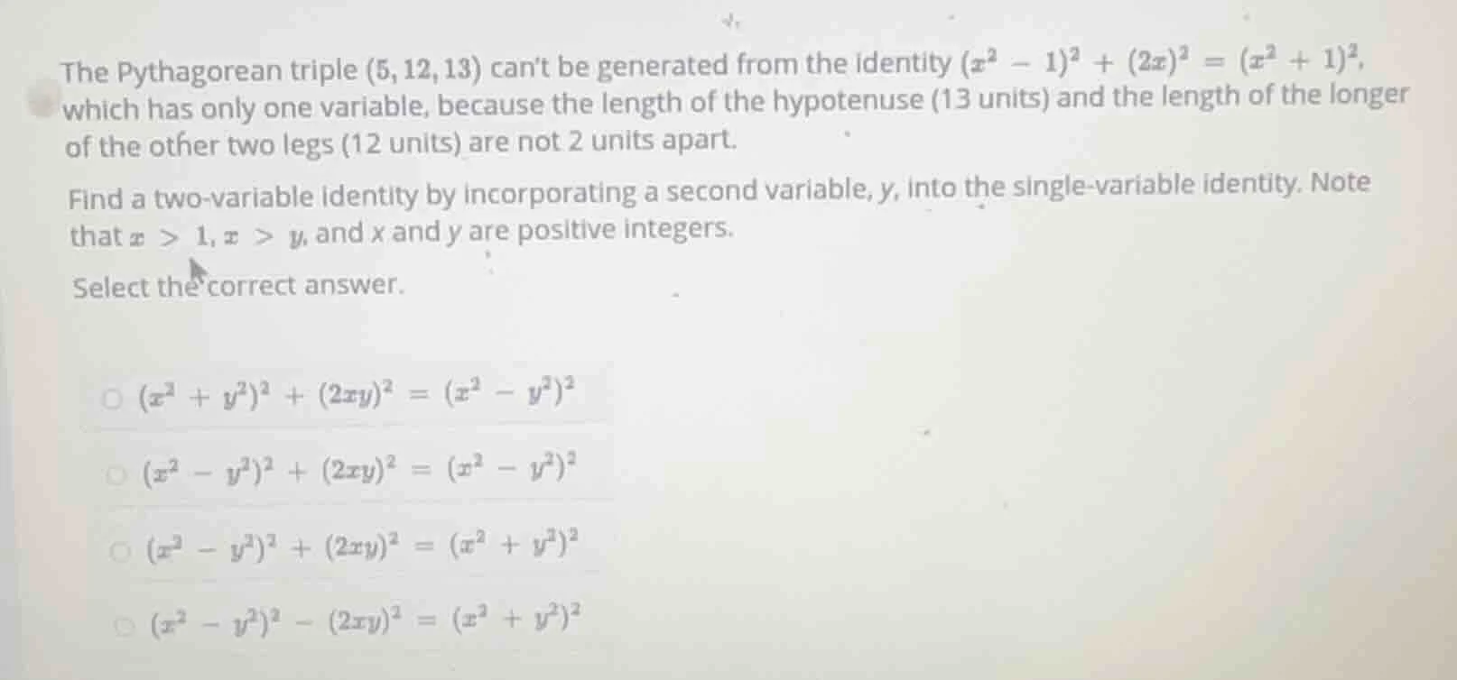 the pythagorean triple (5,12,13) cant be generated from the identity ((…