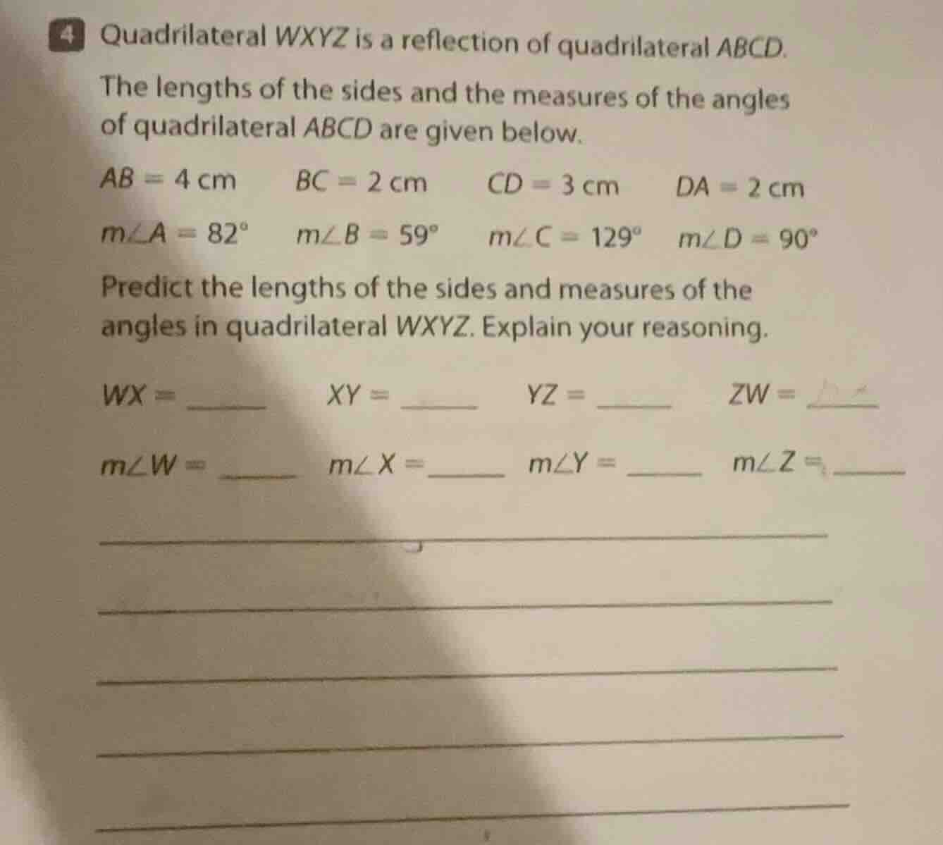 4 quadrilateral wxyz is a reflection of quadrilateral abcd. the lengths…