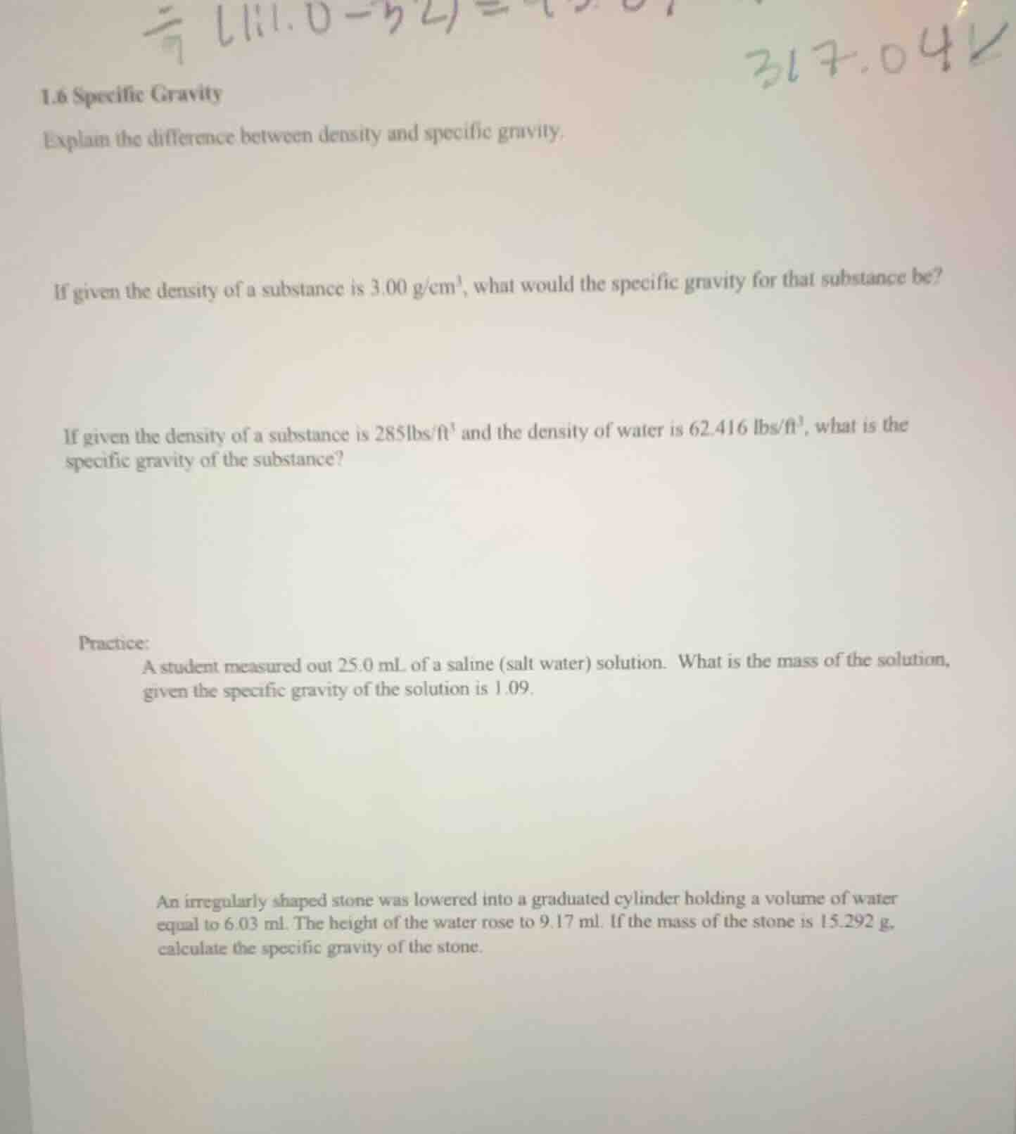 1.6 specific gravity explain the difference between density and specifi…