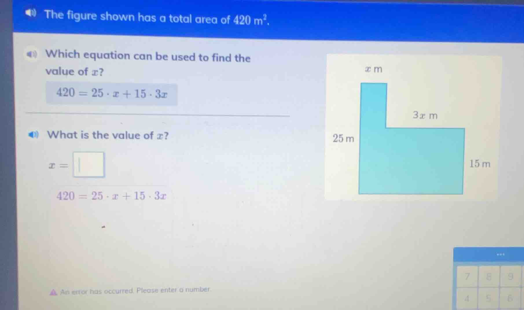 the figure shown has a total area of 420 m². which equation can be used…