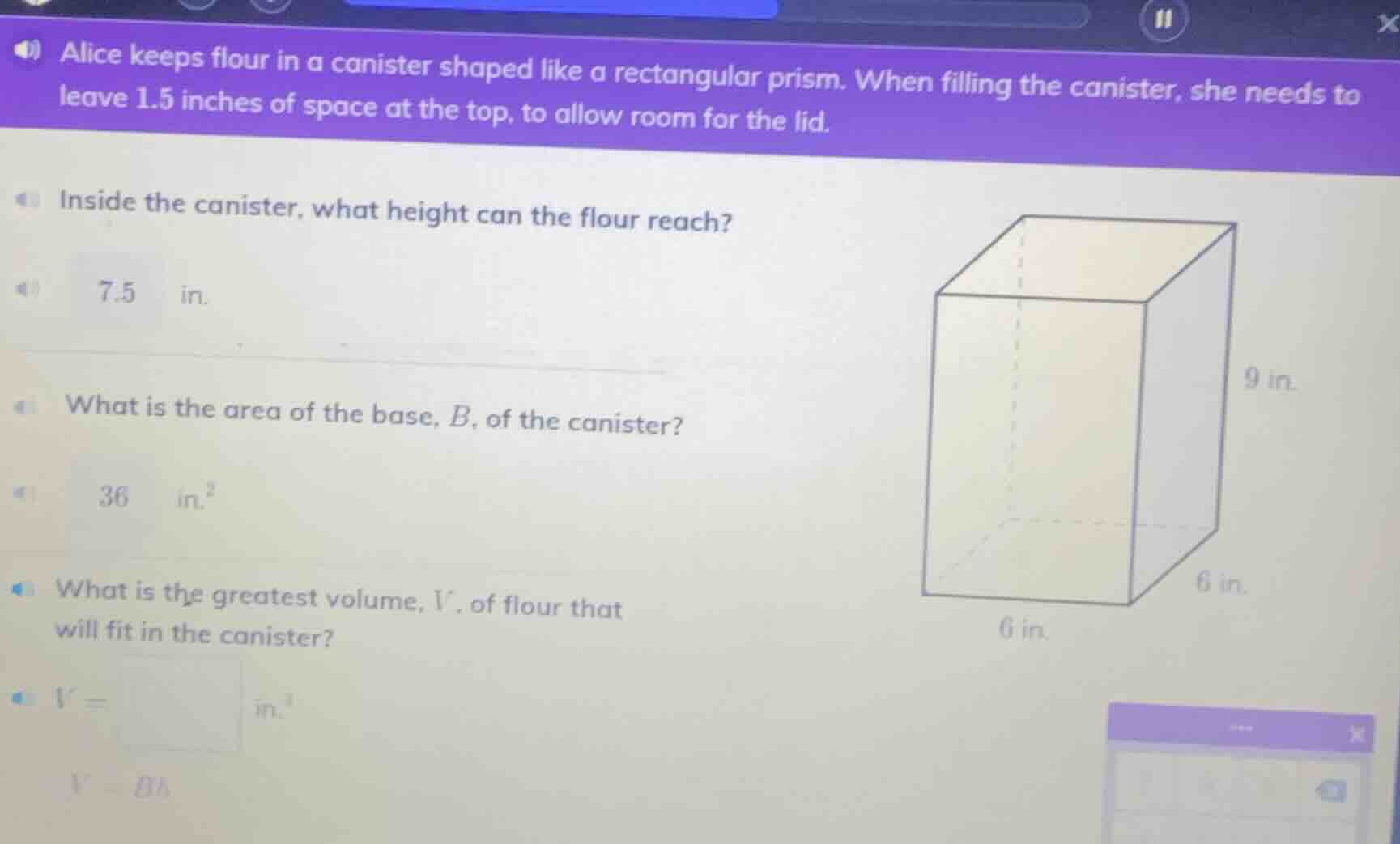 alice keeps flour in a canister shaped like a rectangular prism. when f…