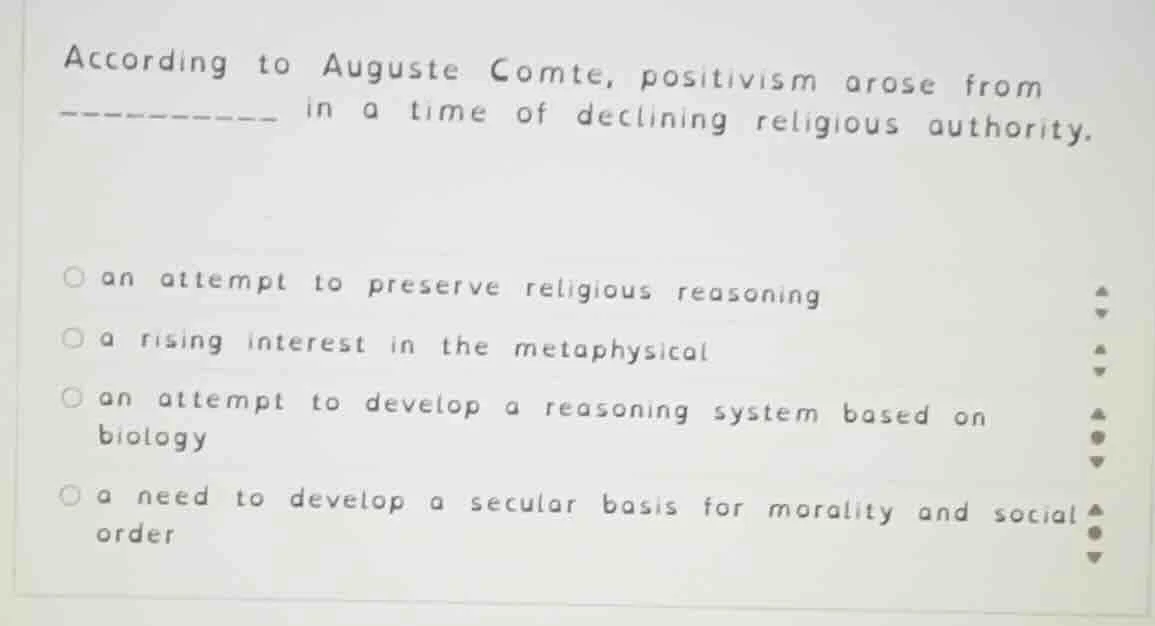 according to auguste comte, positivism arose from --------- in a time o…