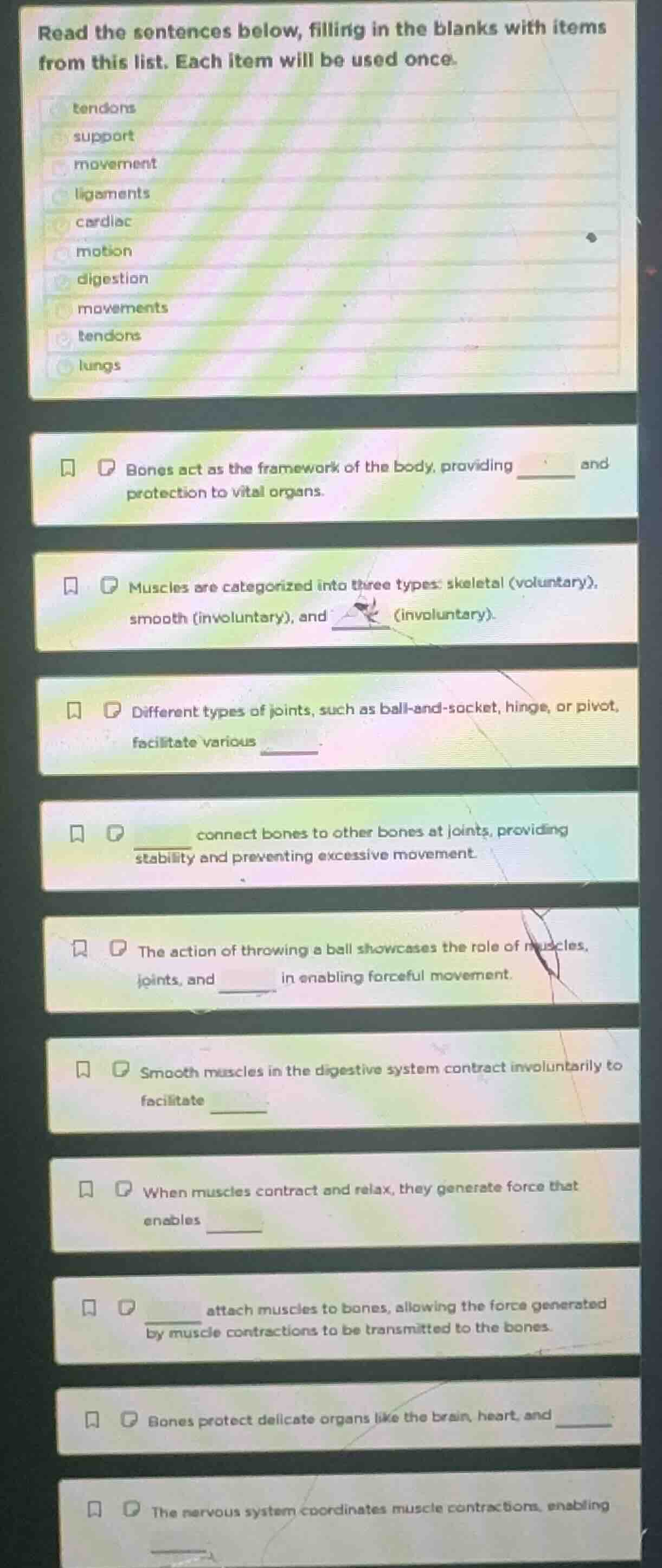 read the sentences below, filling in the blanks with items from this li…