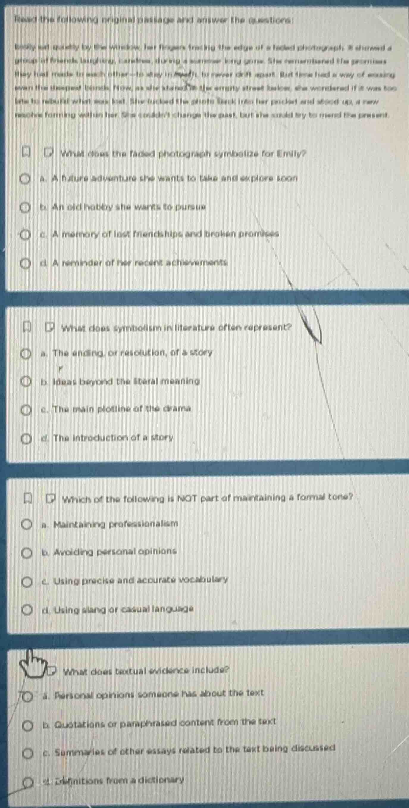 read the following original passage and answer the questions:emily sat …