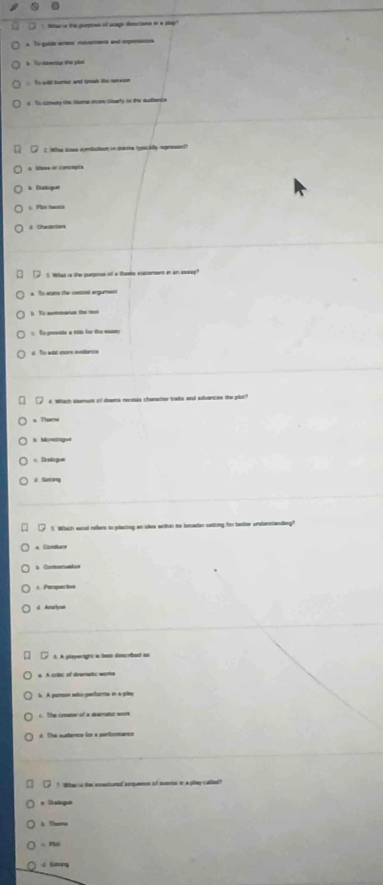 1. what is the purpose of stage directions in a play? a. to guide actor…