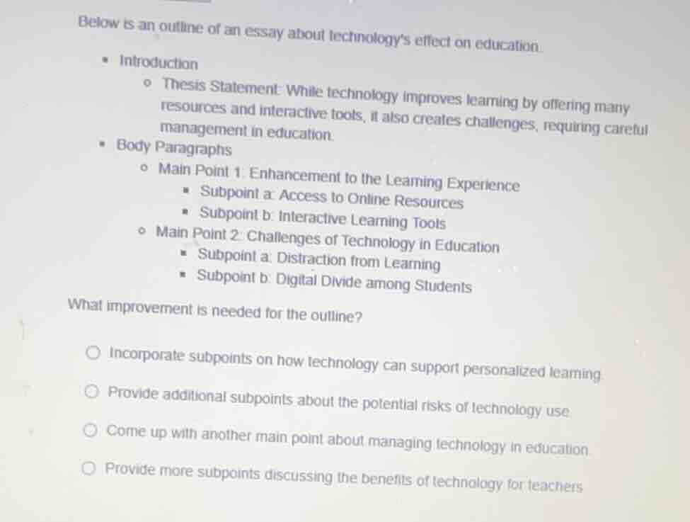 below is an outline of an essay about technologys effect on education. …