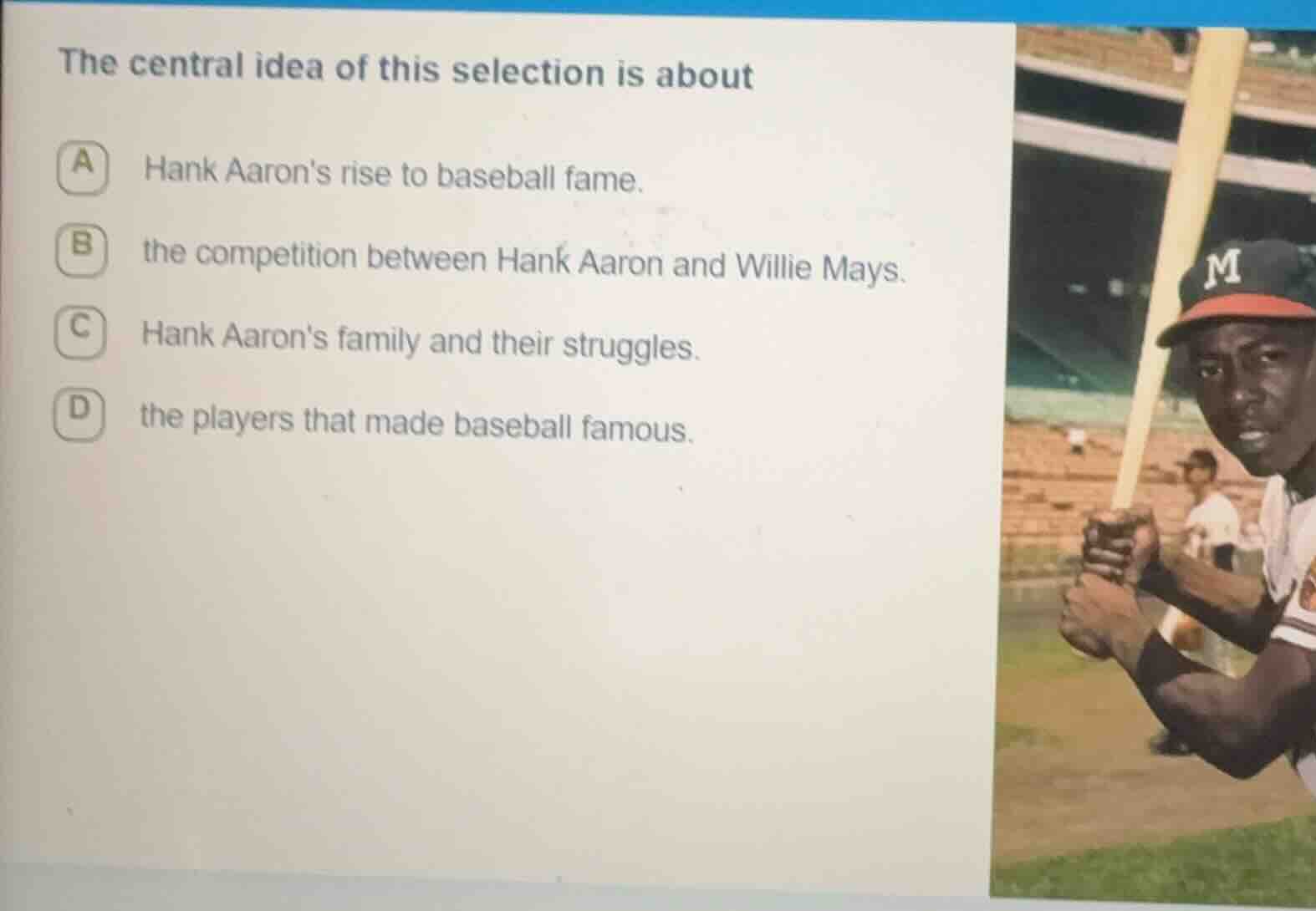 the central idea of this selection is about a hank aarons rise to baseb…