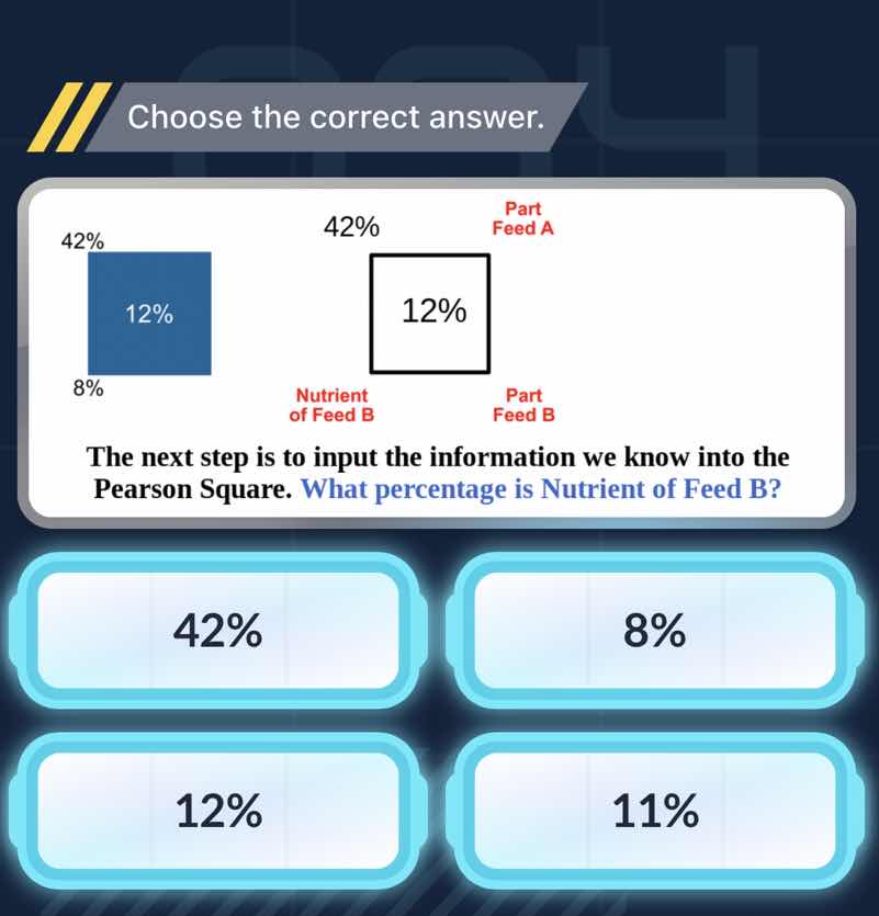 choose the correct answer. 42% 12% 8% 42% 12% part feed a nutrient of f…