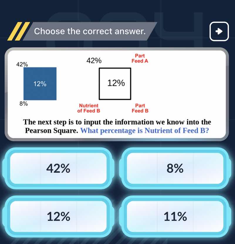 choose the correct answer. 42% 12% 8% 42% 12% part feed a nutrient of f…