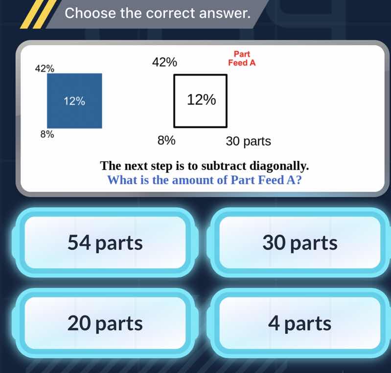 choose the correct answer. 42% 12% 8% 42% 12% 8% part feed a 30 parts t…
