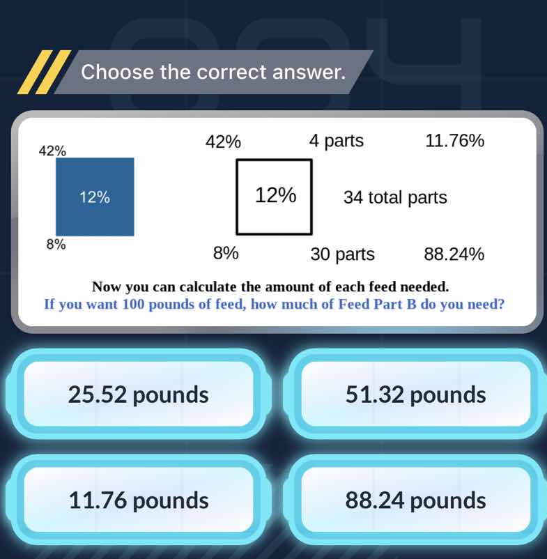 choose the correct answer. 42% 12% 8% 42% 12% 8% 4 parts 34 total parts…