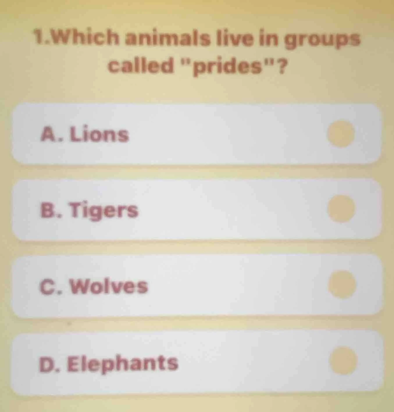 1.which animals live in groups called \prides\? a. lions b. tigers c. w…