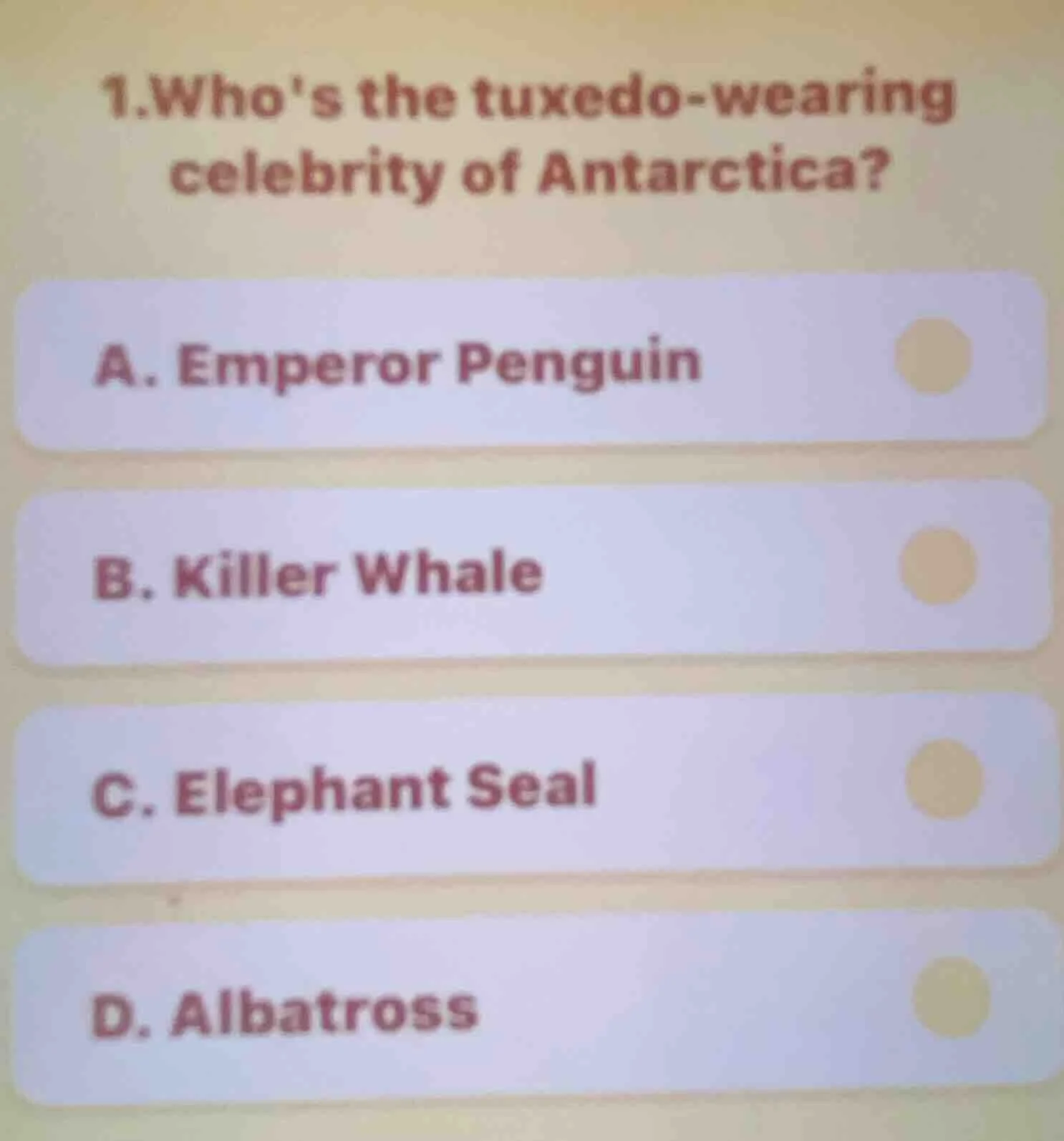 1.whos the tuxedo - wearing celebrity of antarctica? a. emperor penguin…