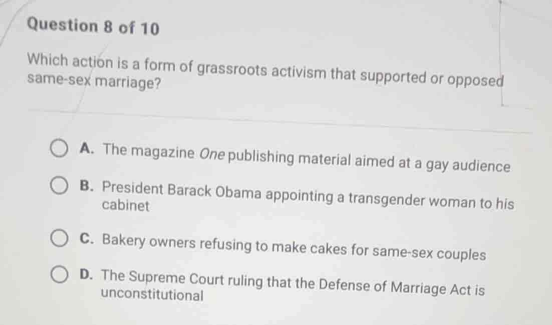 question 8 of 10 which action is a form of grassroots activism that sup…