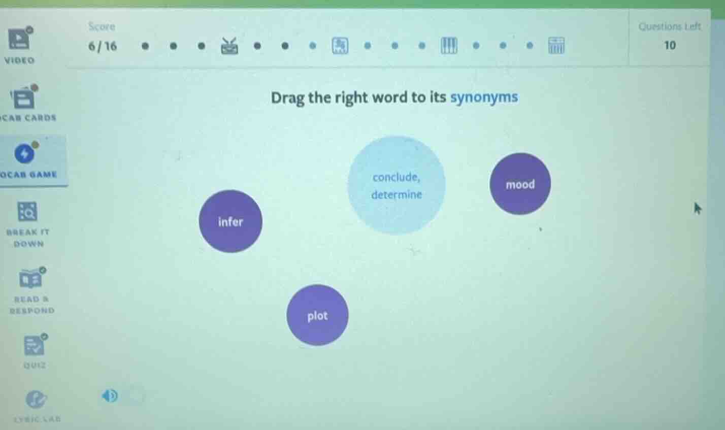 drag the right word to its synonyms conclude, determine mood infer plot