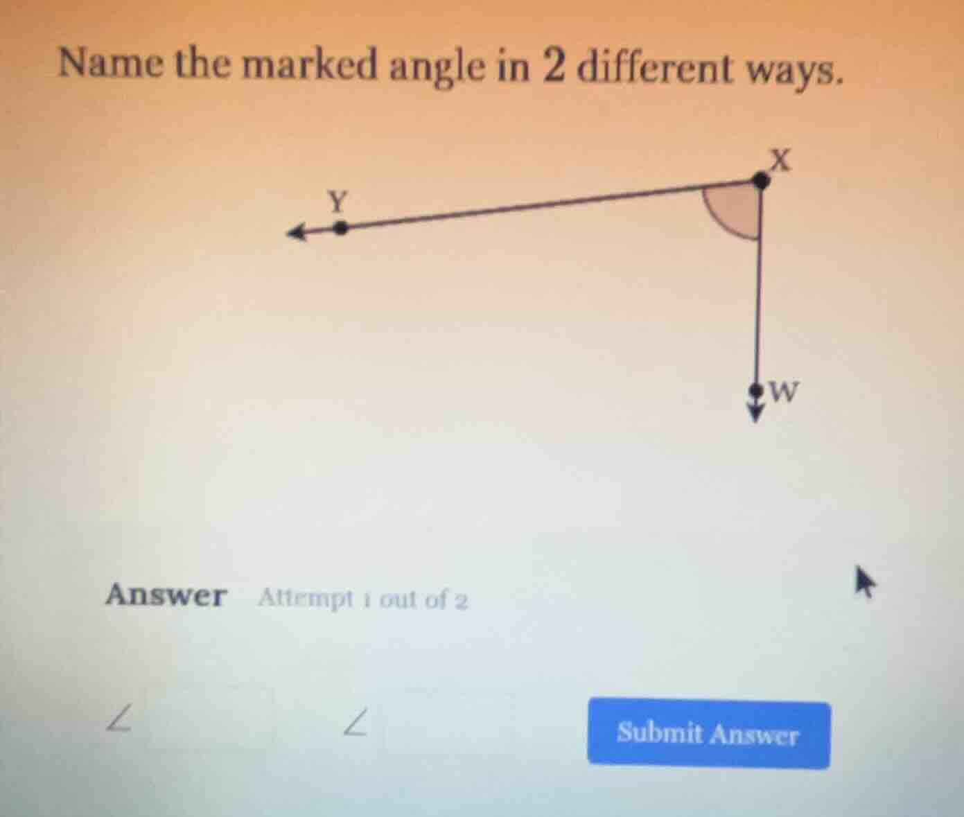 name the marked angle in 2 different ways. answer attempt 1 out of 2