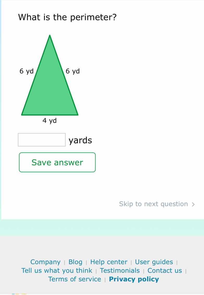 what is the perimeter? 6 yd 6 yd 4 yd blank yards save answer skip to n…