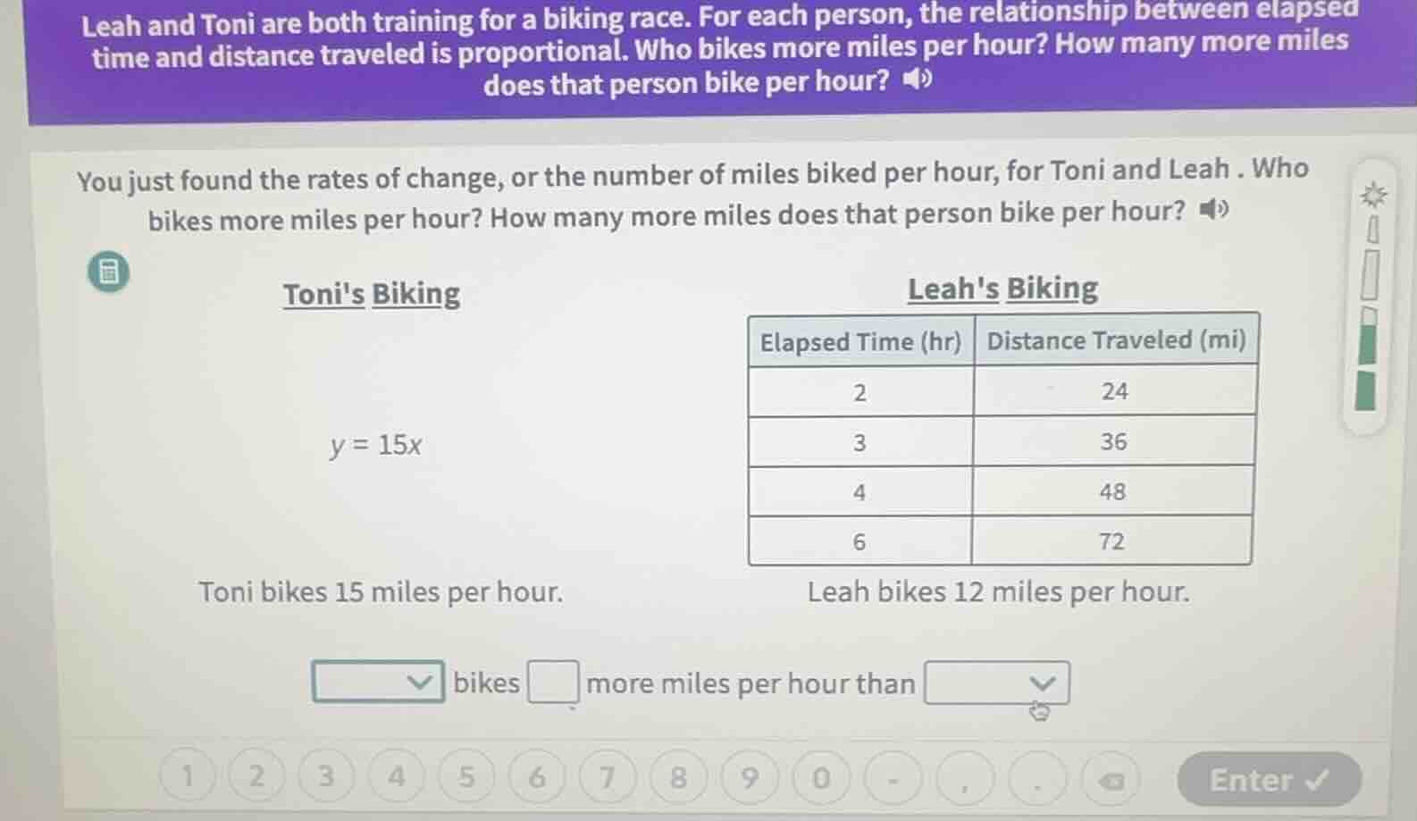 leah and toni are both training for a biking race. for each person, the…