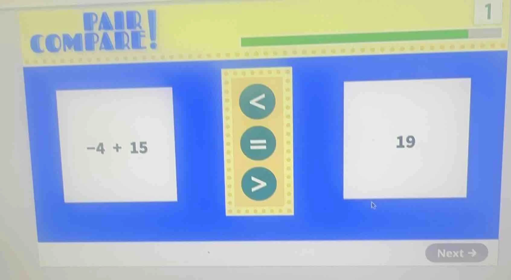pair compare! -4 + 15 < = > 19