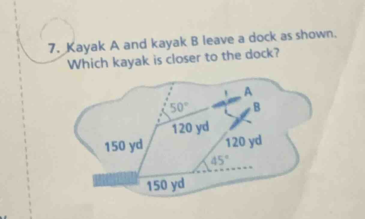 7. kayak a and kayak b leave a dock as shown. which kayak is closer to …