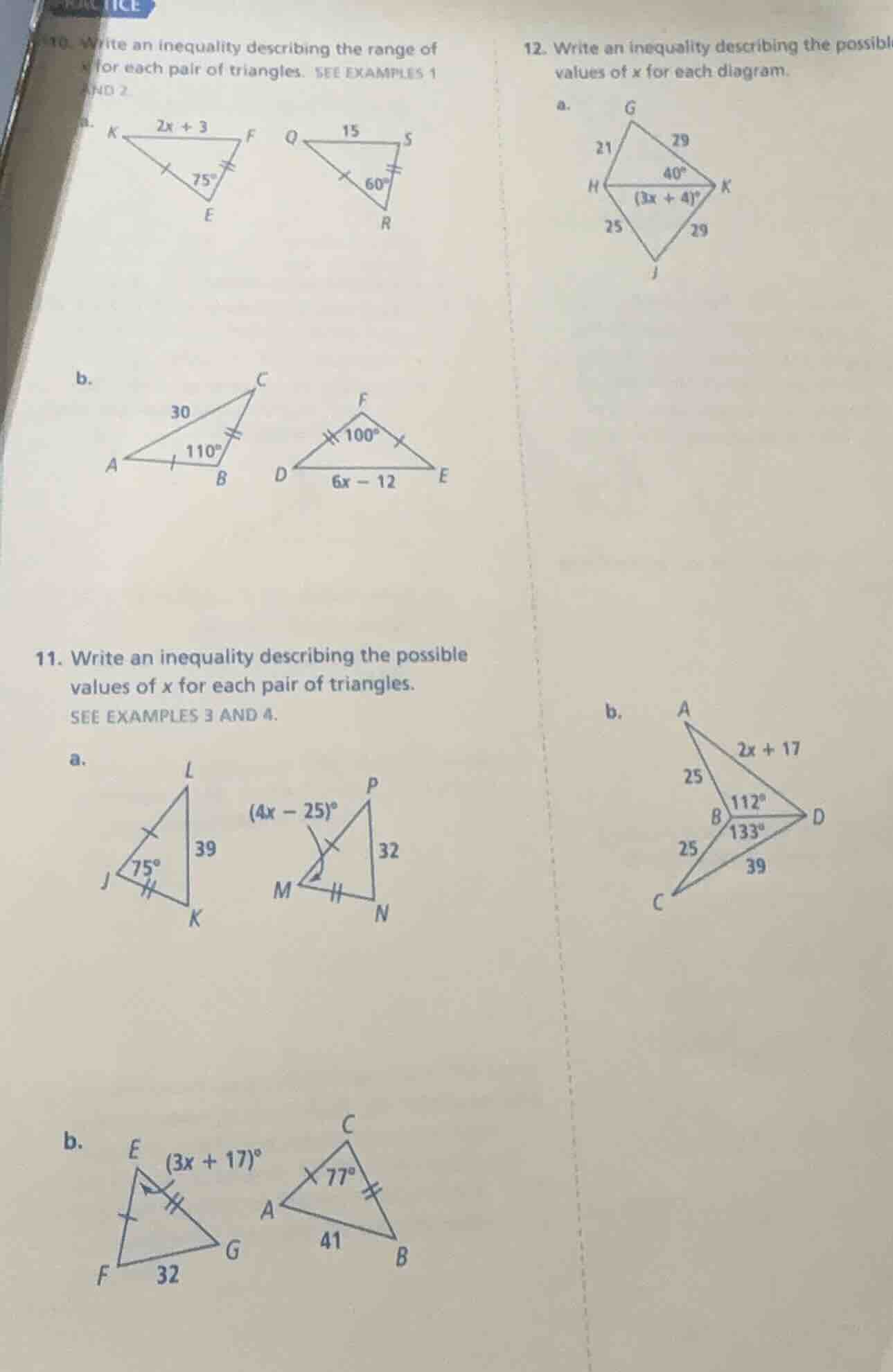 10. write an inequality describing the range of x for each pair of tria…