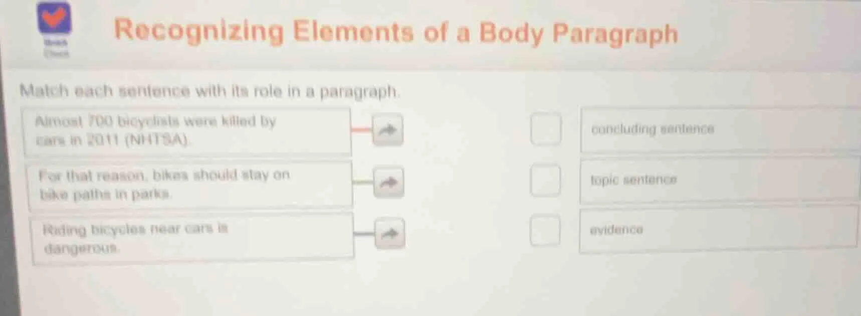 recognizing elements of a body paragraph match each sentence with its r…