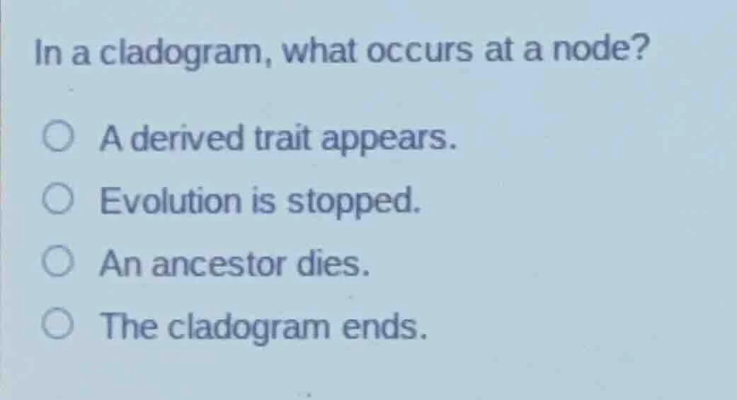 in a cladogram, what occurs at a node? a derived trait appears. evoluti…