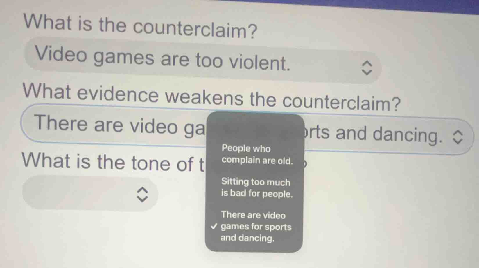 what is the counterclaim? video games are too violent. what evidence we…