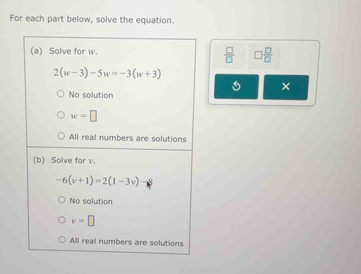 for each part below, solve the equation. (a) solve for w. 2(w - 3) - 5w…