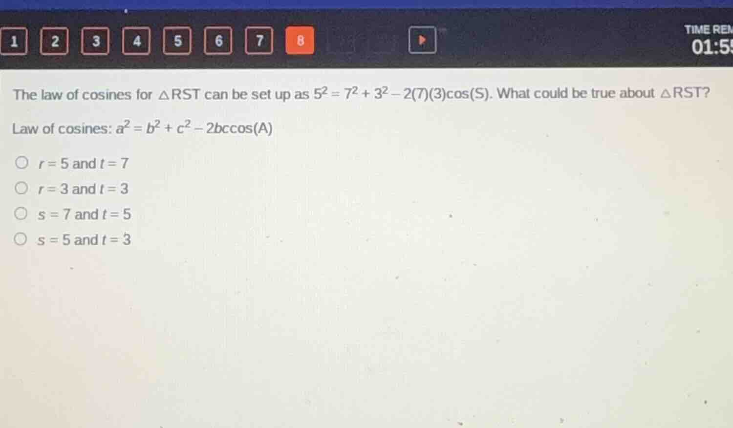 the law of cosines for △rst can be set up as $5^2 = 7^2 + 3^2 - 2(7)(3)…