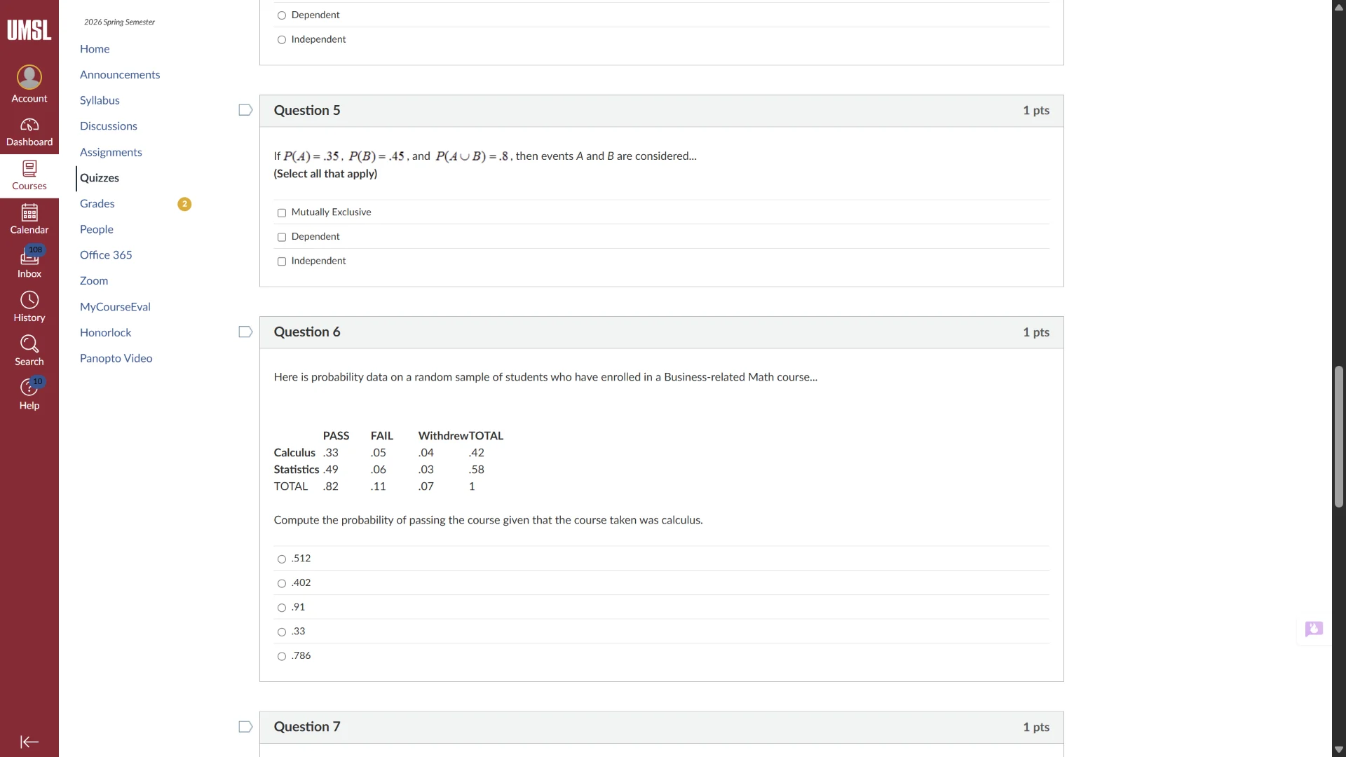 question 5 1 pts if $p(a)=.35$, $p(b)=.45$, and $p(a\\cup b)=.8$, then …