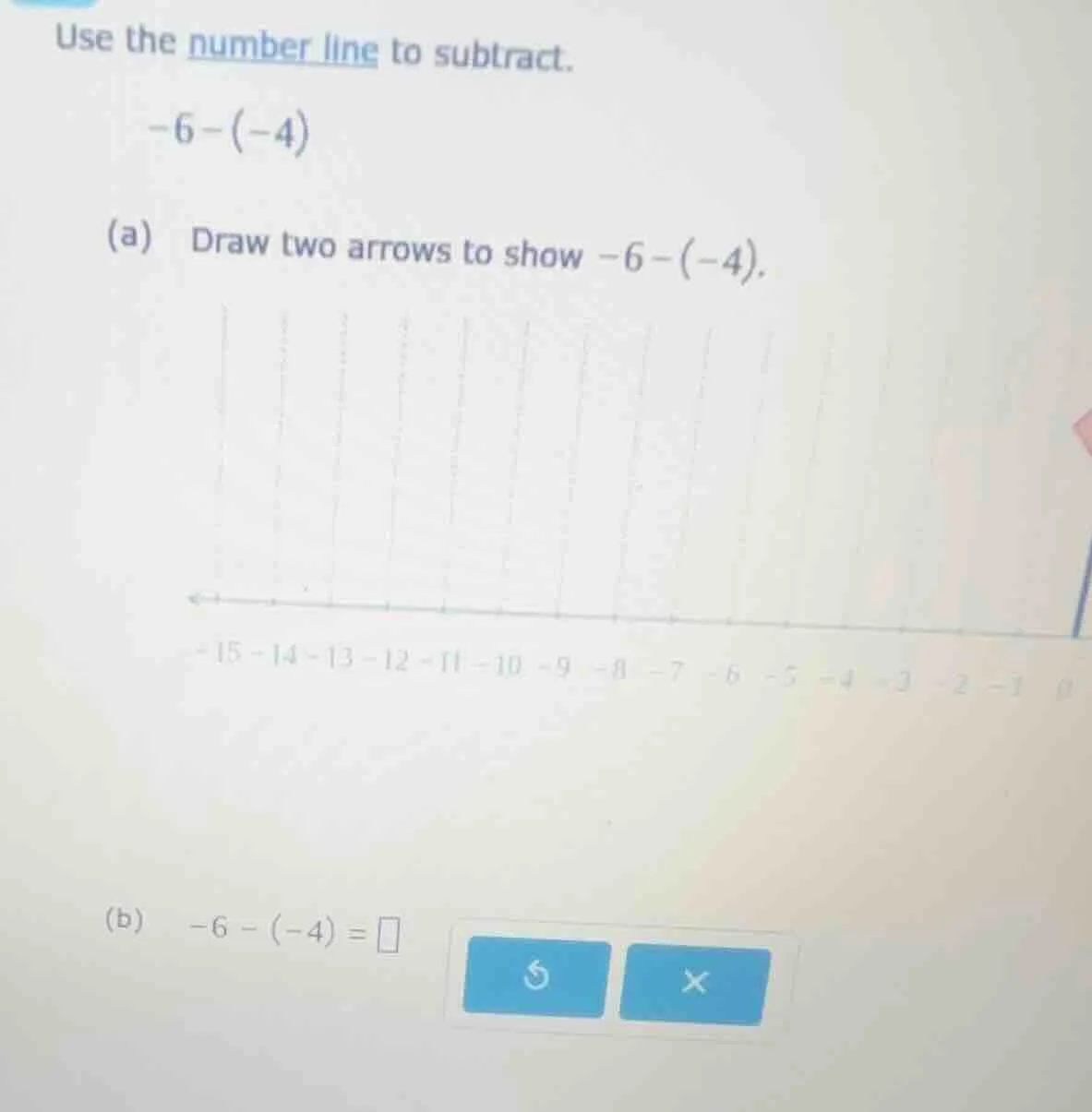 use the number line to subtract. -6 - (-4) (a) draw two arrows to show …
